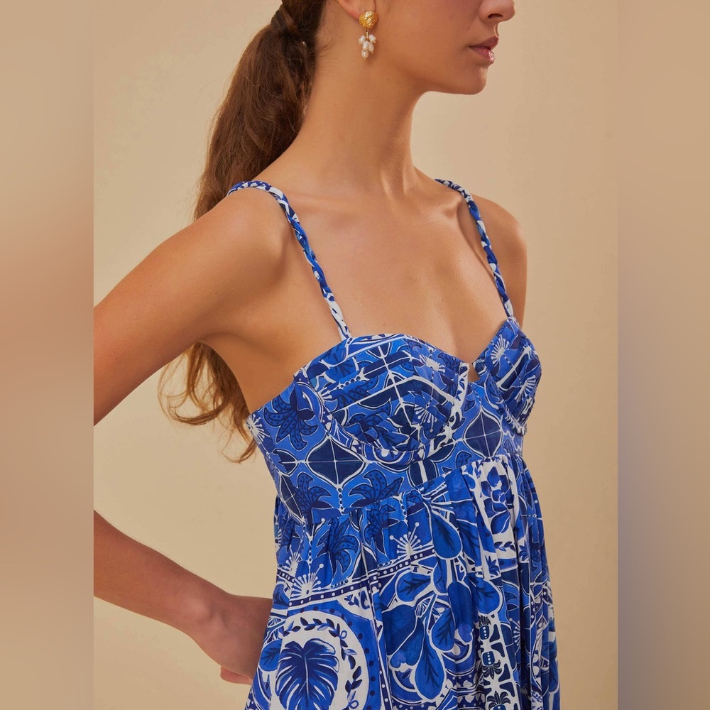 Caroline Constas Maxi Dress Blue Tile Print Size Small 100% Cotton Designer NWT - Picture 3 of 13